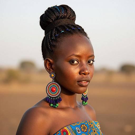 Photograph of a beautiful dark-skinned African woman with intricate braided hair, wearing colorful beaded earrings and patterned blue top, against a blurred