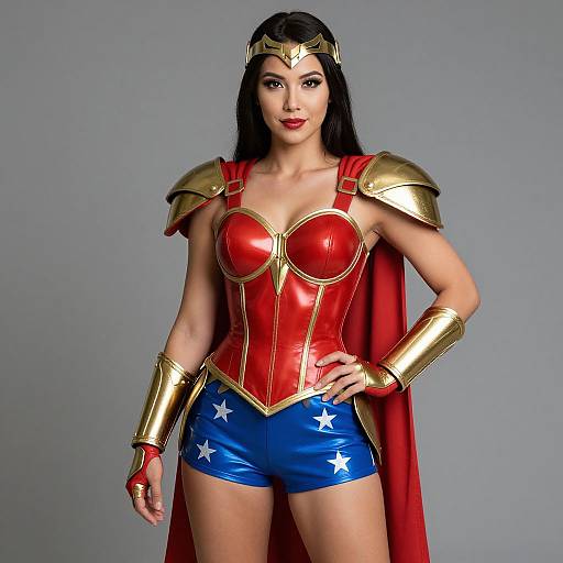 Photograph of a confident woman in a Wonder Woman costume, featuring a red corset, gold armor, blue shorts with stars, red cape, and