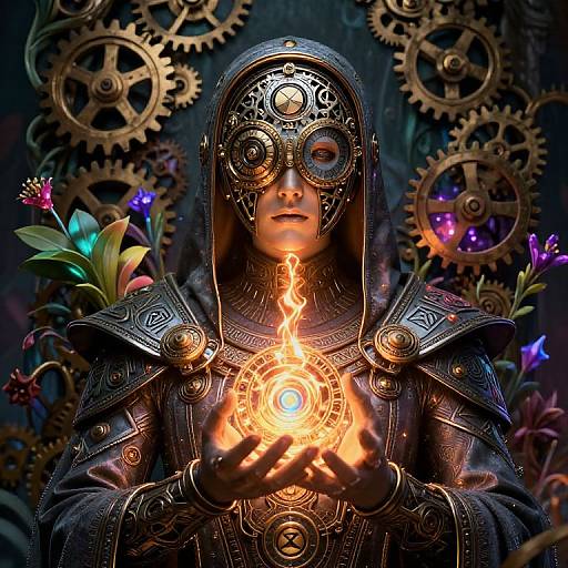 Steampunk masked figure with intricate metallic attire holds glowing, fiery orb, surrounded by colorful flowers and large gears in dark background. Digital art.