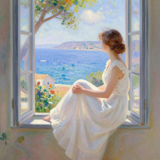 Digital painting of a woman in a white, lace-trimmed dress, sitting on a sunlit window ledge, overlooking a vibrant blue sea and colorful