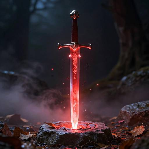 Glowing Red Sword in Foggy Fantasy