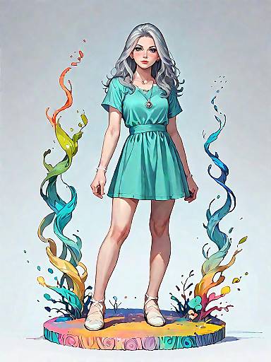 Young Woman in Olive Green Mini Dress with Colorful Abstract Art