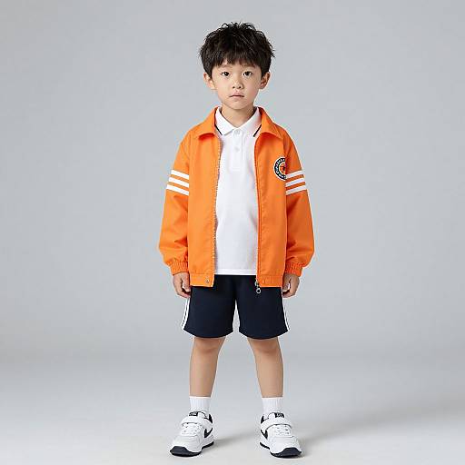 Photograph of a young Asian boy with black hair, wearing an orange jacket, white shirt, black shorts, white socks, and white sneakers, standing