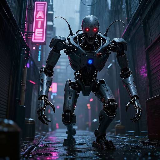 Cybernetic monster with glowing red eyes and blue light on chest, stands menacingly in a neon-lit, rainy urban alley.