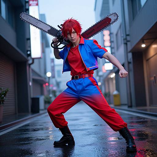 Photograph of a red-haired cosplayer in a blue and red jumpsuit, wielding a chainsaw, standing in a wet, neon-lit alley