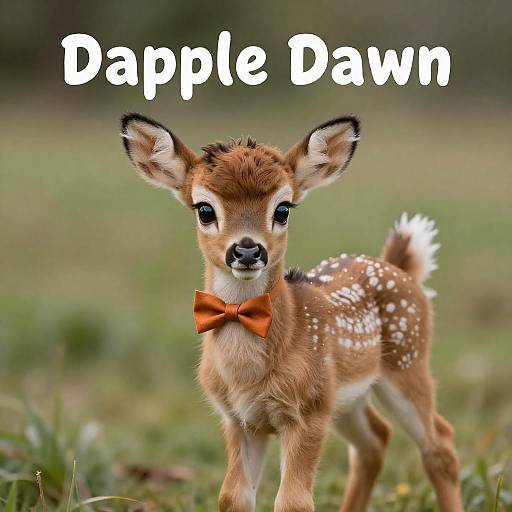Photograph of an adorable, light brown fawn with white spots, wearing an orange bowtie, standing in a grassy field, with 