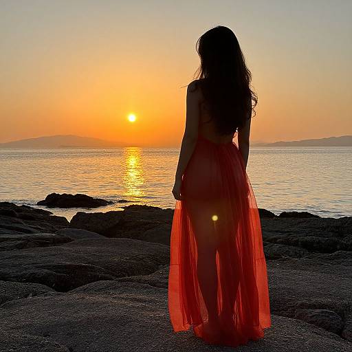 Silhouetted woman in a flowing red dress stands on rocky shore at sunset, with the sun reflecting on calm water. Photographic image.