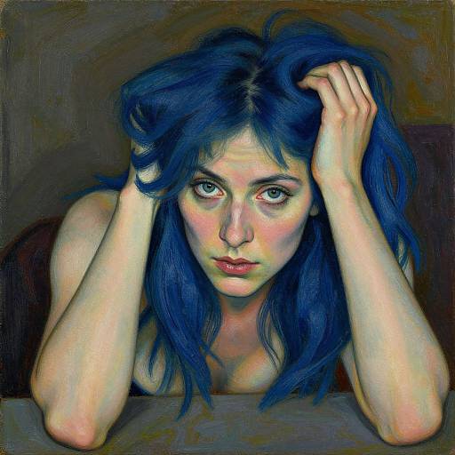 Digital painting of a pensive woman with striking blue hair, pale skin, and intense blue eyes, resting her hands on her head, against a dark