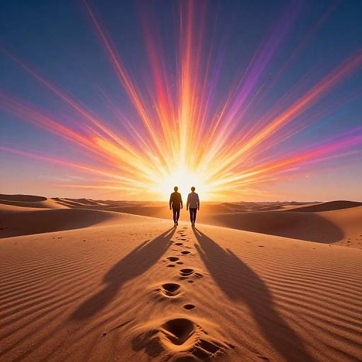 Silhouetted couple walks toward vibrant sunrise in desert, casting long shadows with footprints, colorful rays illuminating clear, blue sky.