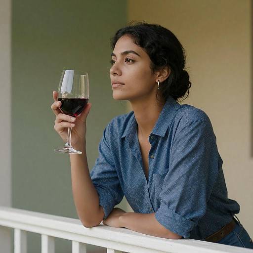 Contemplative Woman with Wine on Railing