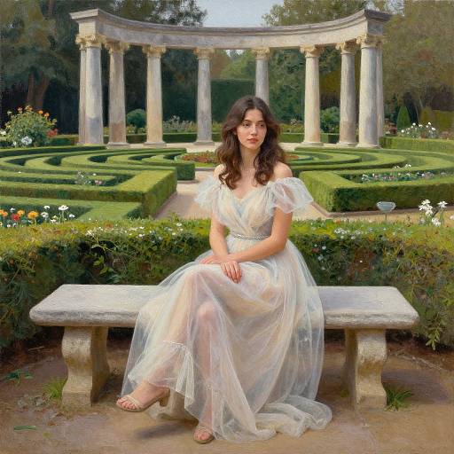 Photograph-style digital art: brunette woman in off-shoulder, translucent white dress sits on stone bench in manicured garden, Roman-style colonn