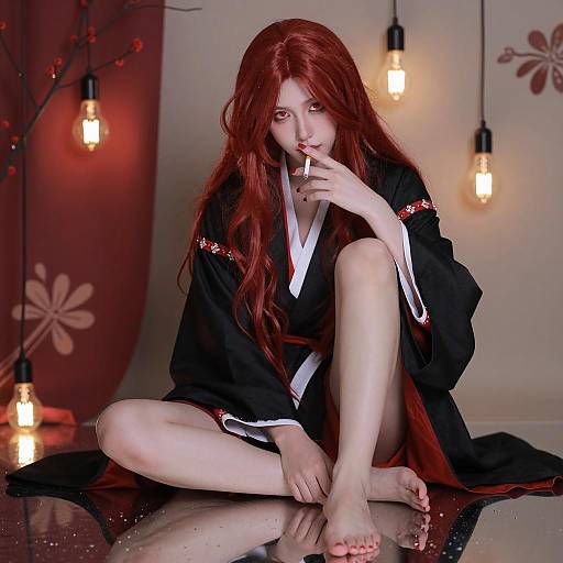 Androgynous Person in Black Kimono with Red Hair Smoking