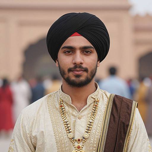 Photograph of a bearded South Asian man with medium brown skin, wearing a black turban, gold-embroidered cream shirt, and gold