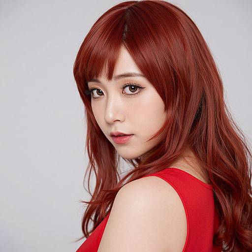 Photograph of an Asian woman with long, wavy, red hair, wearing a red sleeveless top, looking over her shoulder with a subtle smile
