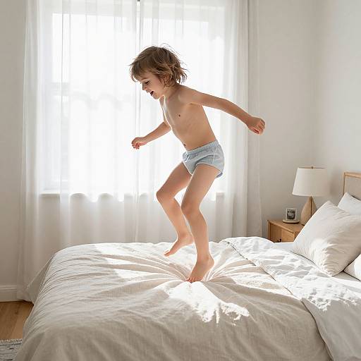 Photograph of a young, shirtless boy with messy brown hair, wearing blue underwear, bouncing on a sunlit bed in a minimalist white bedroom.