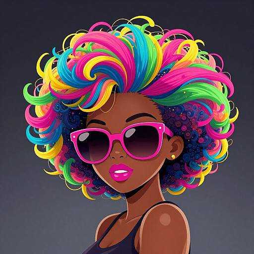 Digital illustration of a dark-skinned woman with vibrant, multicolored afro, pink sunglasses, pink lipstick, and gold earring, set against