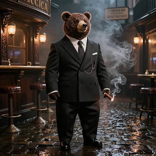 Photograph of a bear in a pinstripe suit, black tie, holding a cigarette, standing on a wet, cobblestone street in a