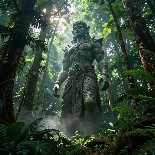 Photorealistic CGI of a towering, armored, elf-like warrior standing in a dense, misty jungle with sunlight filtering through tall trees.