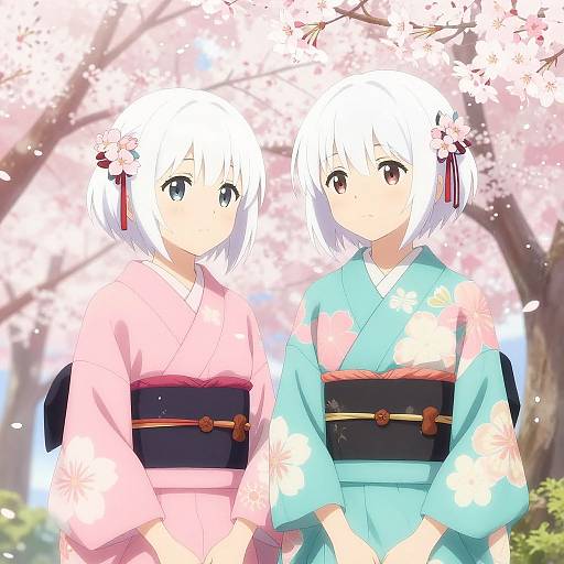 Anime Girls in Cherry Blossom Kimonos