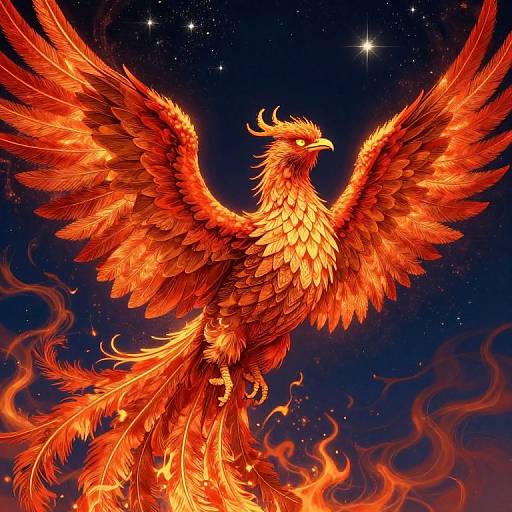 Digital art of a radiant, fiery phoenix with outstretched wings against a starry night sky, surrounded by swirling flames.
