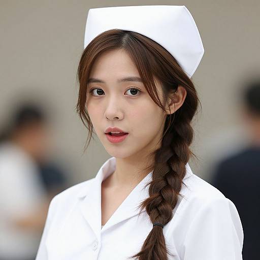 Photograph of an Asian woman with fair skin, brown hair in a braid, wearing a white naval uniform and hat, against a blurred background.