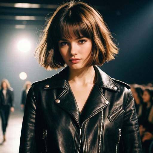 Woman with Layered Bob Hairstyle in Leather Jacket on Runway