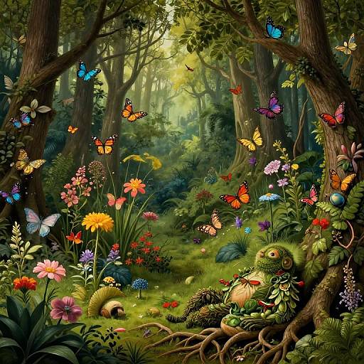 Enchanted Forest with Plant Creature and Butterflies