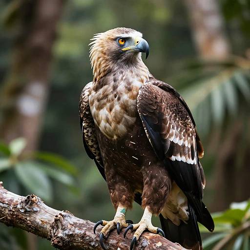 Photograph of a majestic hawk with brown and white feathers, sharp yellow eyes, and dark beak, perched on a branch in a lush,