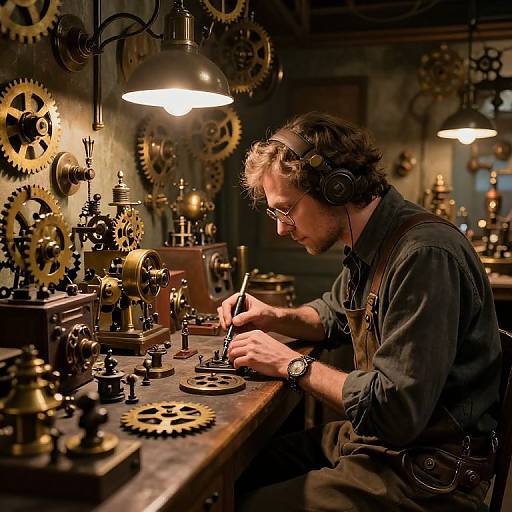 Photograph of a focused, bearded man with headphones, wearing glasses and a dark shirt, meticulously assembling intricate brass gears in a dimly lit,