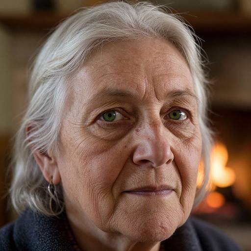 Close-up photograph of an elderly woman with white hair, green eyes, and deep wrinkles, wearing a black coat, standing in front of a warmly lit