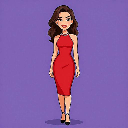Digital illustration of a smiling woman with long brown hair, wearing a form-fitting red dress, pearl necklace, and black heels, against a solid purple