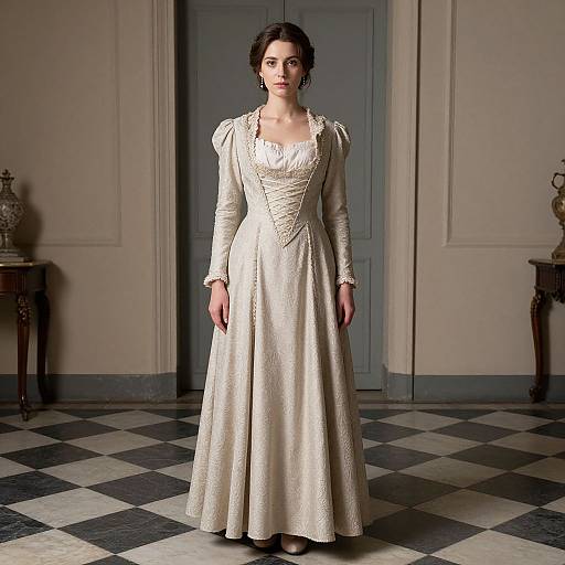 Photograph of a young woman with fair skin and dark hair in an elegant, long-sleeved, cream-colored Victorian-style gown, standing in a