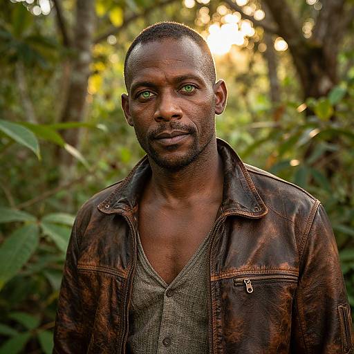 Photograph of a muscular, dark-skinned man with short hair, green eyes, and trimmed beard, wearing a worn leather jacket over an olive shirt
