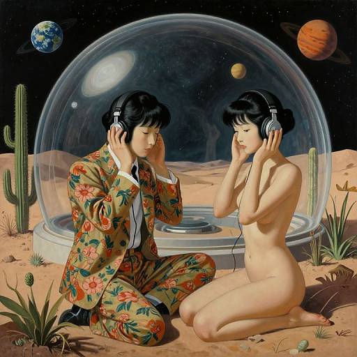 Digital art: Asian man in floral suit and black-haired nude woman, both wearing headphones, kneel inside a space dome on desert planet with planets in