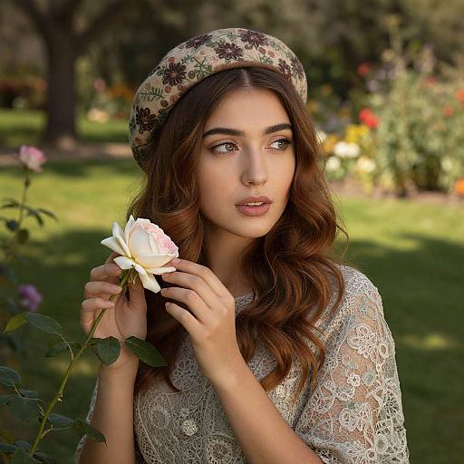 Middle Eastern Woman in Lace Dress Holding Rose
