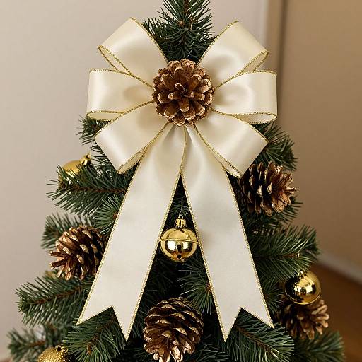 Photograph of a decorated Christmas tree with a large white satin bow, gold-trimmed, featuring a pinecone center, surrounded by golden baub