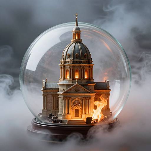 Photograph of a detailed, burning model courthouse inside a transparent snow globe, surrounded by swirling smoke and dark clouds.