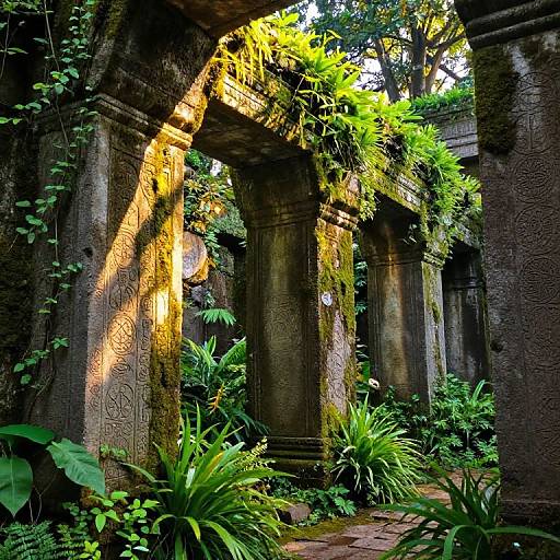 Photograph of a sunlit, moss-covered ancient ruin with lush green plants and ferns growing around tall, weathered stone columns.