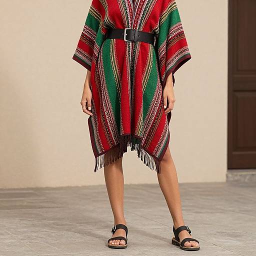 Photograph of a person wearing a red and green striped, fringed poncho with a black belt and black sandals, standing on a gray concrete floor