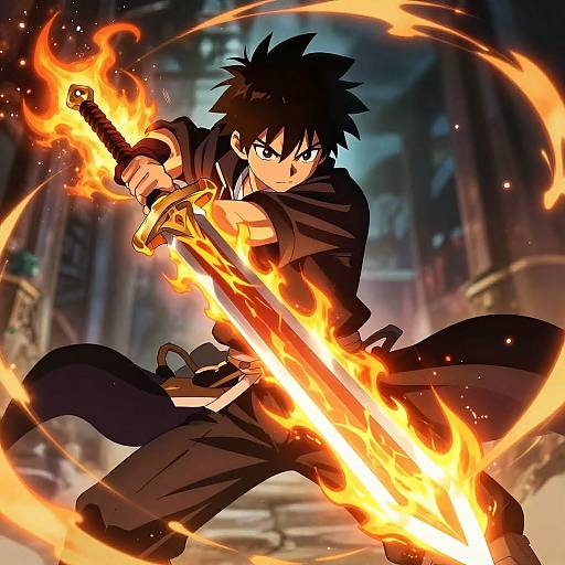 Anime-style digital artwork of a determined black-haired male warrior wielding a flaming sword in a dark, urban street setting.