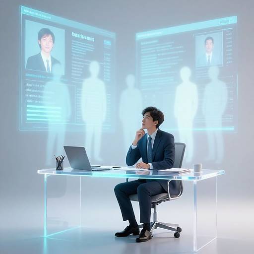 Photograph of a serious man in a dark suit, sitting at a glowing, futuristic white desk, thinking, with a laptop and projector screen displaying profiles
