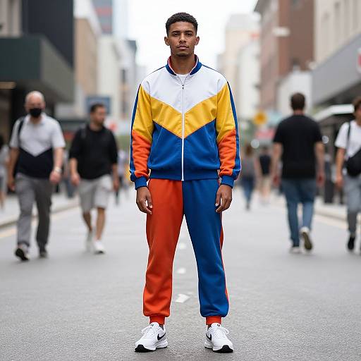 Photograph of a young Black man standing on a city street, wearing a colorful track jacket with white, yellow, blue, and orange sections, and