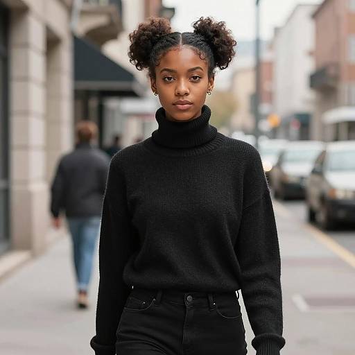 Young Woman in Black Turtleneck on City Street