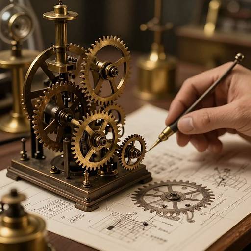 Photograph of a hand drawing intricate gear diagrams on paper, with a brass mechanical gear assembly in focus on a wooden desk.