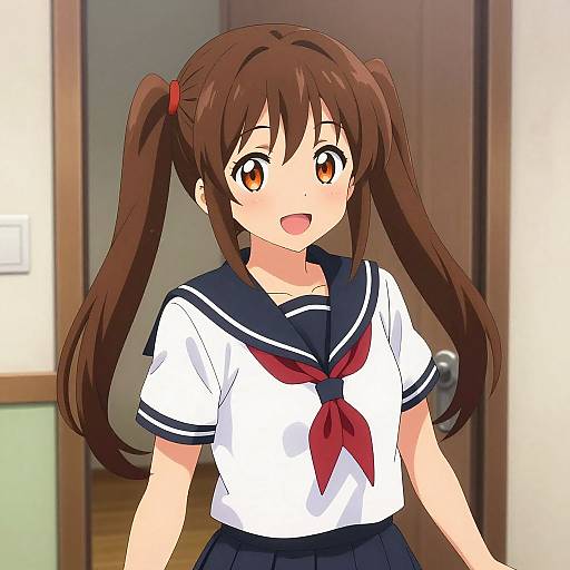 Anime-style digital drawing of a young girl with brown twin-tails, wearing a white sailor school uniform with a red necktie, smiling with large brown