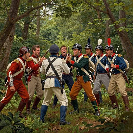 Photograph of six Revolutionary War soldiers in colorful uniforms, standing in a dense forest, facing each other in a tense standoff.