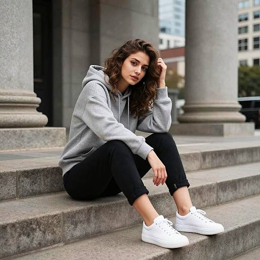 Photograph of a young woman with wavy brown hair, wearing a gray hoodie, black pants, and white sneakers, sitting on stone steps in an