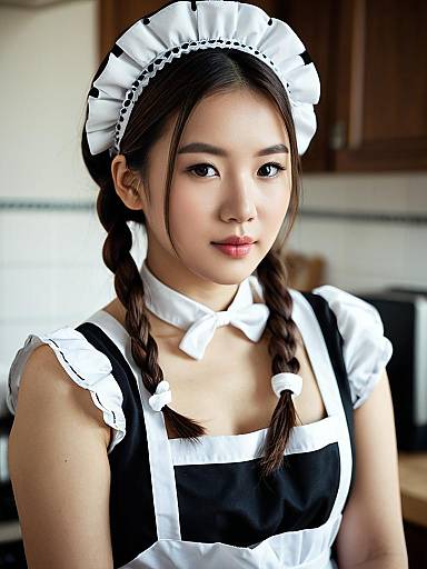Realistic Asian Maid with Twin Braids