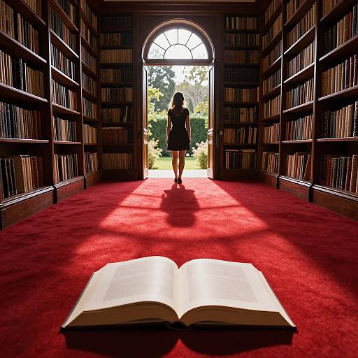 Photograph of a library with red carpet, shadowed silhouette of a woman in a dress standing at an arched window, open book in foreground.
