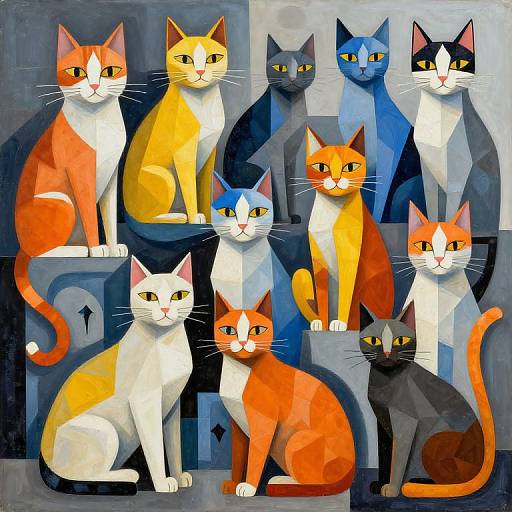 Digital painting of twelve stylized cats in various colors (orange, yellow, white, blue, black) with geometric shapes, yellow eyes, and neutral
